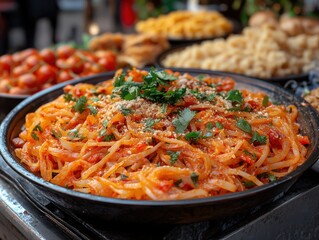 Wall Mural - Close-up of a large serving of delicious tomato pasta garnished with parsley and parmesan cheese.