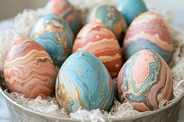 Poster - Decorative marbled Easter eggs arranged in a decorative bowl on a soft background