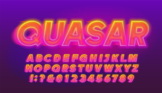 Quasar alphabet font. Neon color letters and numbers with a high speed effect. Stock vector typeface for your design.