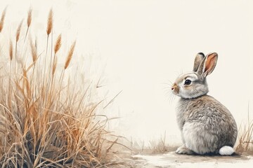 Poster - Soft grey rabbit sitting near golden grass in a serene natural setting during the early morning