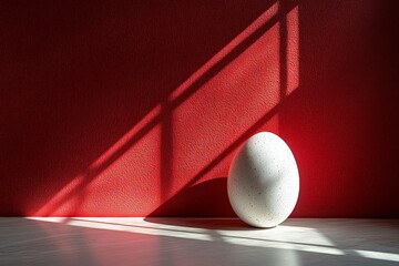 Poster - Creative composition of white egg against a red wall with dramatic shadows in bright lighting captures minimalist elegance