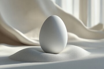 Poster - Unique white egg balanced on soft, textured surface with gentle light illuminating the scene in a minimalist setup