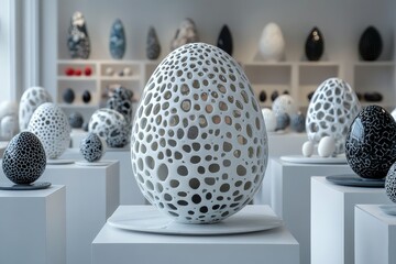 Poster - Unique art installation featuring intricately designed ceramic eggs in a contemporary gallery setting