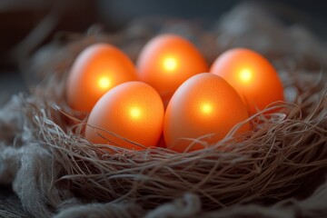 Aufkleber - Decorative orange eggs glowing in a nest made of straw with a rustic background during spring