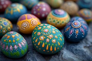 Poster - Colorful hand-painted decorative stones showcasing intricate patterns and designs in natural lighting