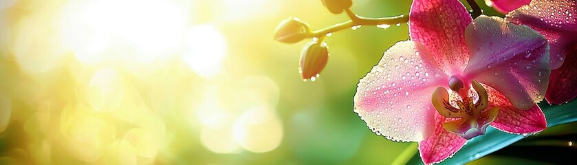 Poster - Delicate Pink Orchid Blooms with Dew Drops Glimmering in Gentle Morning Light in a Lush Green Garden Scene for Nature Photography