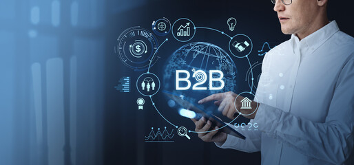 Poster - business professional interacting with digital b2b icons and gra