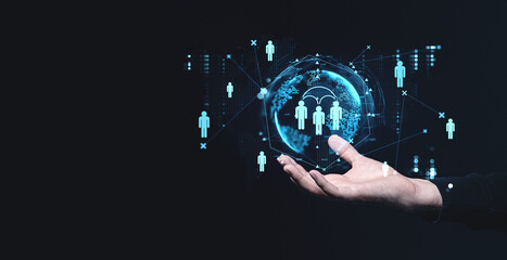 Aufkleber - Conceptual image of social network connections displayed over a hand with holographic icons and digital elements on a dark background.