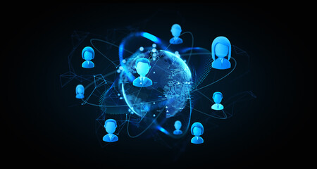 Aufkleber - Digital network with blue user icons around a glowing globe on a dark background. 3D Rendering