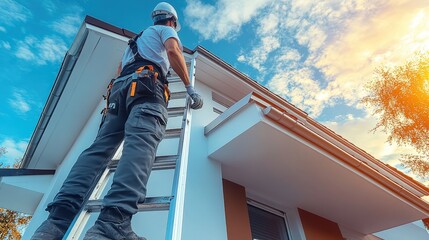 Contractor on ladder inspecting house gutters.