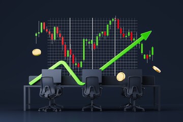 Poster - Financial trading workspace with upward trend and coin graphics on a grid background. 3D Rendering