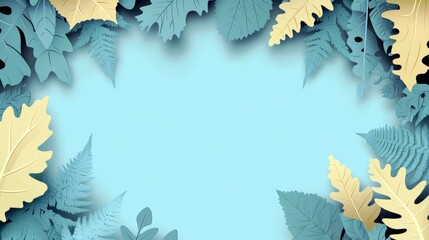 Poster - Vibrant Leafy Frame with Soft Blue Background for Creative Projects and Nature-Themed Designs