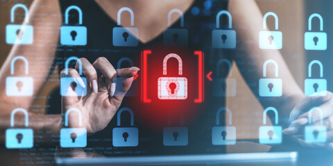 Poster - Cybersecurity concept showing a hacker attempting to breach a digital padlock system.