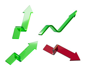 Poster - Set of green upward and red downward arrows with a glossy 3D effect on a white background. 3D Rendering