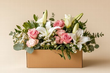 Aufkleber - Fresh flowers in a mocha mousse delivery box with ample space for personalization and messaging. Generative AI