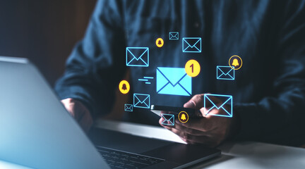 Poster - Digital communication concept with email notifications and icons.