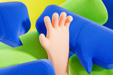 Poster - Close-up of a playful object resembling a hand surrounded by colorful cushions on vibrant yellow-green background. 3D Rendering