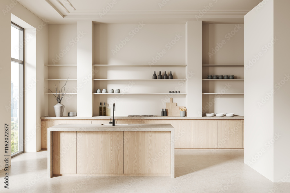 Modern kitchen interior with natural wood cabinets, open shelving, and ...