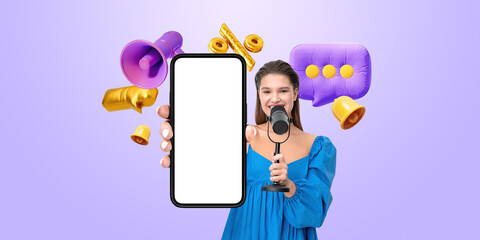 Poster - Woman holding smartphone with blank screen in hand while speakin