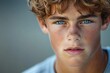 © AgungRikhi - Close-up portrait of a teenage boy with curly blond hair, freckles, and intense blue eyes.