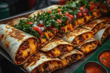 Poster - Close-up of delicious quesadillas with melted cheese, beef, and fresh toppings.