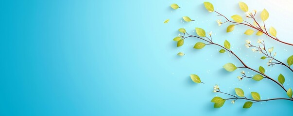 Poster - Fresh and Vibrant Green Leaves with Small Flowers Against a Bright Blue Background for Nature and Spring-Themed Designs and Artwork