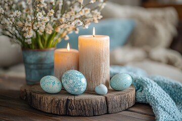 Poster - Beautifully arranged candles and decorative eggs create a cozy spring atmosphere in a tranquil setting