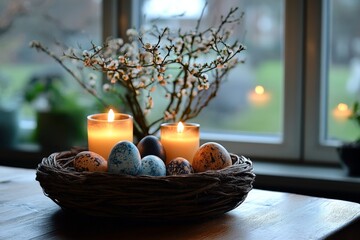 Aufkleber - Decorative Easter eggs in a basket with candles on a table near a window adorned with spring branches