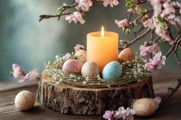 Aufkleber - Spring celebration with pastel eggs and a warm candle surrounded by blooming branches