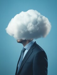 Poster - Side view of cloud headed businessman on blue background with copy space. Computing and confused concept.