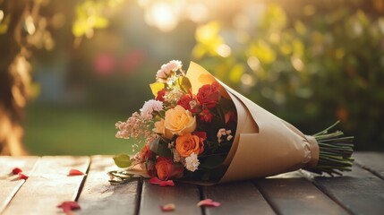 Poster - Beautiful bouquet wrapped in kraft paper resting on a wooden table in a sunny outdoor setting. Generative AI