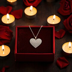 Wall Mural - A heart-shaped necklace sits in a velvet-lined box, surrounded by lit candles and red roses, creating a romantic and elegant atmosphere.