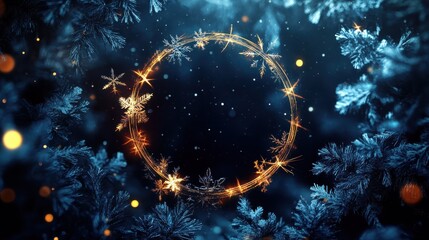 Wall Mural - a christmas night with a glowing circle frame for text.