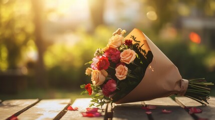 Aufkleber - Beautifully arranged bouquet wrapped in kraft paper sits on a wooden table with soft sunlight filtering through the trees. Generative AI