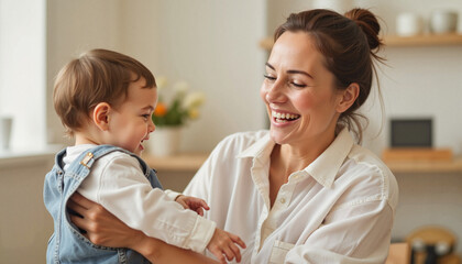 Wall Mural - Mother smiling while holding happy baby in bright interior