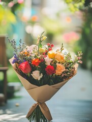 Poster - Colorful flower bouquet wrapped in kraft paper designed for special occasions and celebrations in a garden setting. Generative AI