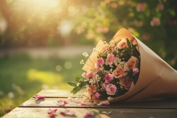Poster - Bouquet of roses and flowers wrapped in kraft paper on a sunny outdoor surface with room for text. Generative AI