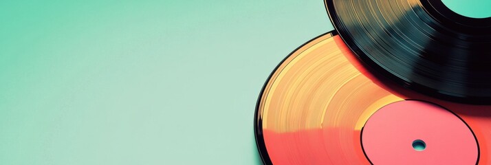 Poster - Vintage vinyl records placed on a colorful background with space for text and design elements to enhance creativity. Generative AI