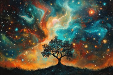 a majestic tree stands silhouetted against a stunning cosmic backdrop filled with swirling colors an