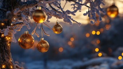 Wall Mural - Golden ornaments hanging from a frosted Christmas tree with glowing lights in a cozy winter setting