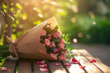 Aufkleber - Beautiful bouquet of pink roses wrapped in kraft paper on a sunlit wooden bench with petals scattered around. Generative AI