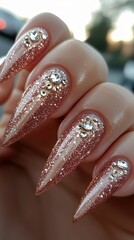 Wall Mural - Close-up of long, pointed nails with rose gold glitter and rhinestones.