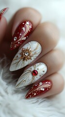 Wall Mural - Close-up of elegant Christmas nail art featuring red and white designs, gold accents, and sparkling rhinestones.