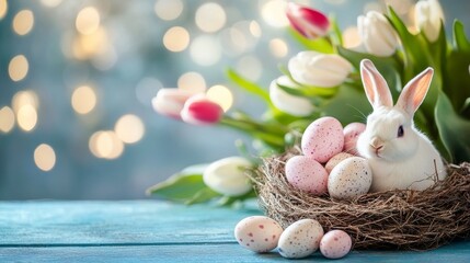 Wall Mural - Easter holiday background featuring colorful tulip flowers, decorative eggs in a rustic bird nest, and an adorable bunny on a vibrant blue wooden table, perfect for festive spring themes and seasonal 