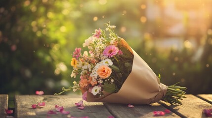 Aufkleber - Beautiful bouquet of colorful flowers wrapped in kraft paper on a wooden table in a sunlit garden setting. Generative AI