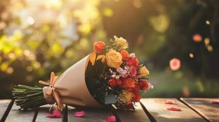 Aufkleber - Colorful flower bouquet wrapped in kraft paper placed on a wooden table outdoors with sunlight and soft bokeh. Generative AI