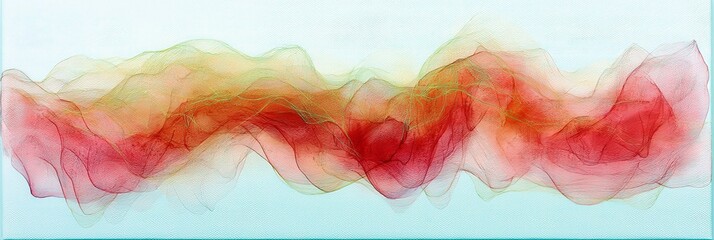Poster - Abstract Colorful Wave Pattern with Soft Red, Green, and Yellow Tones on Light Background, Creating a Fluid and Ethereal Atmosphere
