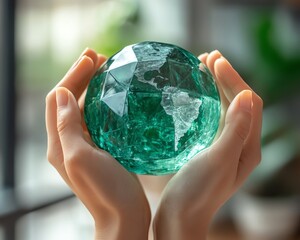 Poster - hands gently holding a green crystal globe, representing ecosustainable business practices and csr i