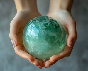 Poster - hands gently holding a green crystal globe, representing ecosustainable business practices and csr i