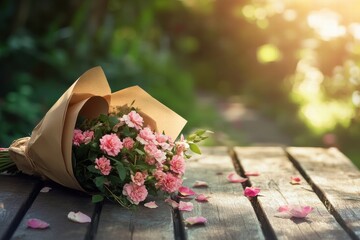 Aufkleber - Colorful bouquet wrapped in kraft paper resting on wooden table with soft sunlight. Generative AI